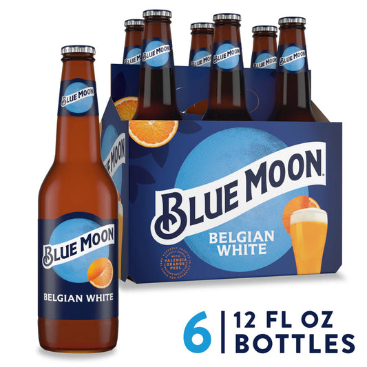 Blue Moon Belgian White Wheat Ale, 5.4% ABV, beer bottles